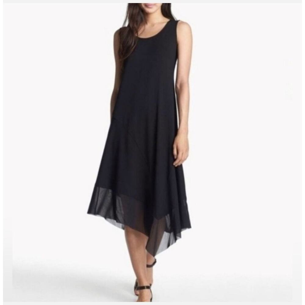 Eileen Fisher Black Asymmetrical Hem Sleeveless Midi Dress Size Small Lagenlook